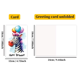 Detailed dimensions of zebra birthday card with folded size 18x12cm and open view