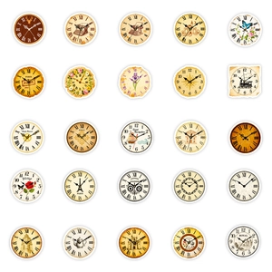 Set of 25 vintage style waterproof round clock wall stickers with assorted retro designs