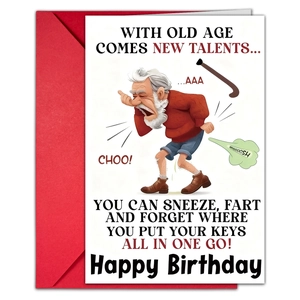 Funny birthday card for seniors with red envelope featuring humorous typography design
