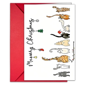 Set di biglietti di auguri natalizi divertenti con gatti, busta rossa e testo creativo