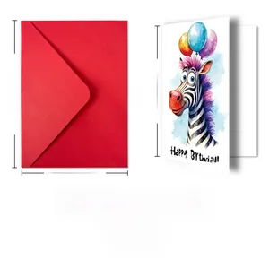 Detail view of a watercolor birthday card set with a zebra, balloons, and red envelope