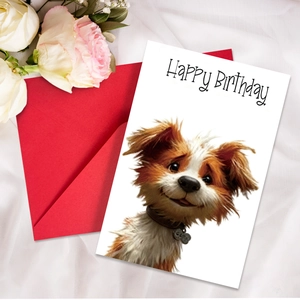 Close-up of Happy Birthday card with cute puppy illustration and vibrant red envelope