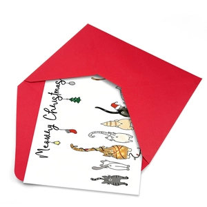 Biglietto Meowy Christmas divertente con busta rossa e simpatici gatti natalizi
