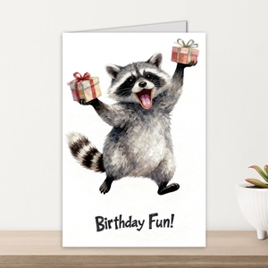 Detail of watercolor greeting card featuring a raccoon with gift on a wooden shelf