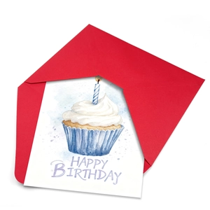 Watercolor cupcake birthday card with a vibrant red envelope and cursive greeting