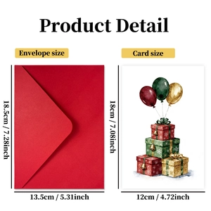 Christmas greeting card set with red envelope, gift boxes, and festive balloons illustration