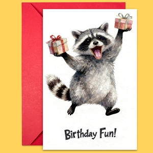 Detailed view of watercolor raccoon birthday card with red envelope on yellow background