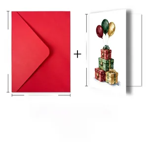 Christmas card and envelope set with watercolor gift boxes and balloons illustration