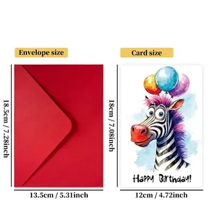 Cartoon zebra birthday card with red envelope and balloons, showing size dimensions