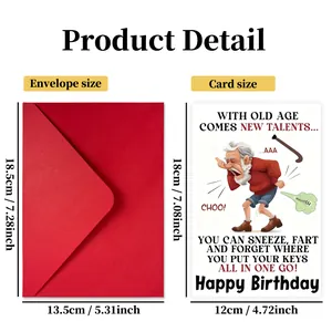 Divertida tarjeta de cumpleaños para mayores con sobre rojo y guía de dimensiones exactas
