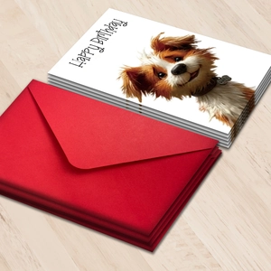 Birthday card set featuring cute dog illustration and red envelopes on wooden table