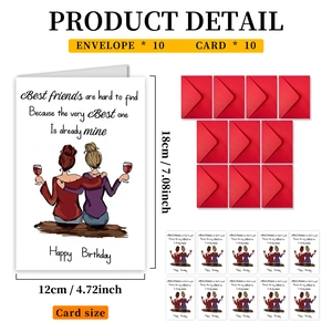 Detail view of best friends birthday card set with 10 cards and 10 red envelopes