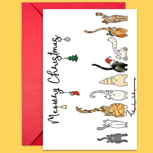 Dettaglio del biglietto Meowry Christmas con gatti e set di busta rossa coordinata