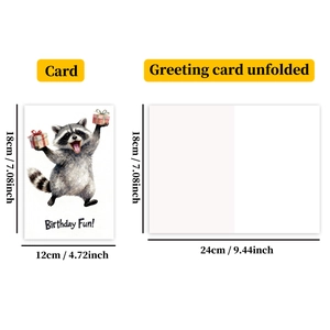Detail view of foldable Birthday Fun greeting card with cute raccoon and size measurements