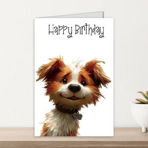 Folded birthday card with cute puppy illustration and Happy Birthday text on wood surface