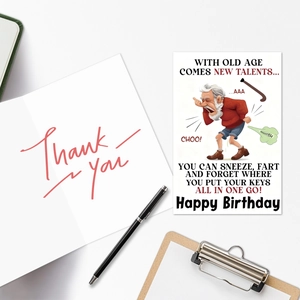 Detailed view of funny old person birthday card set with thank you interior and envelope