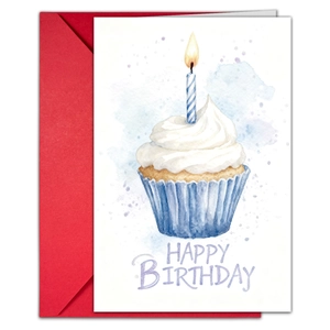 Watercolor birthday card with cupcake illustration, happy birthday text, and red envelope
