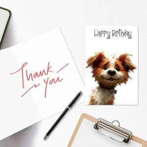 Detailed view of dog-themed birthday and thank you cards with stationery on a white desk