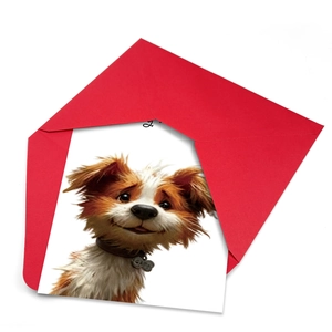Cute puppy greeting card with a 3D cartoon dog and vibrant red envelope set