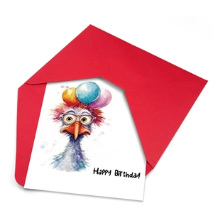 Geburtstagskarte mit Aquarell-Strauß-Motiv, rotem Umschlag und Happy Birthday Schriftzug