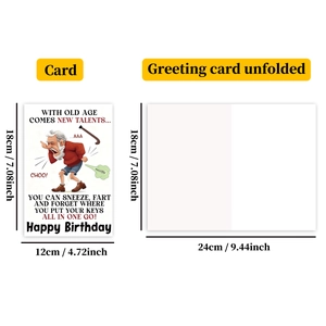 Detailed size view showing folded and unfolded funny birthday card with dimensions