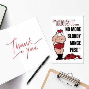 Detail einer humorvollen Weihnachtskarte mit Cartoon-Weihnachtsmann und Thank You Text
