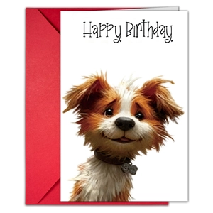 3D puppy happy birthday card set with a vibrant red envelope and 3D dog illustration