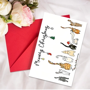 Divertente biglietto di Natale a tema gatto con testo Meowry Christmas e busta rossa