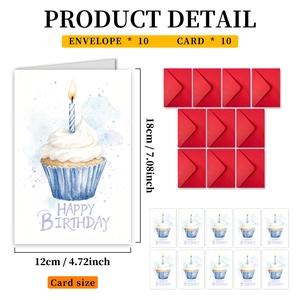 Detail view of 10 watercolor cupcake birthday cards with red envelopes and size markings