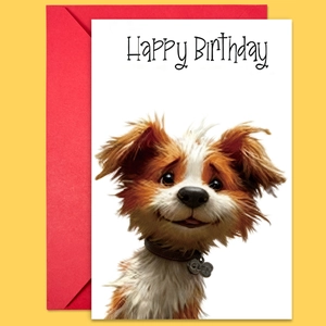 Close-up of birthday card with cute puppy illustration and a vibrant red envelope