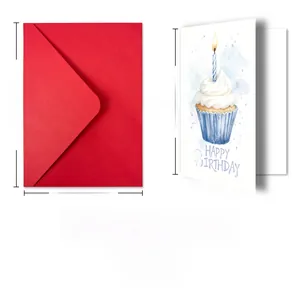 Macro detail of watercolor birthday card with cupcake and red envelope set with dimensions