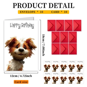 Set of 10 dog birthday cards and red envelopes with 12x18cm size specifications