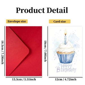 Watercolor birthday card with cupcake illustration and red envelope stationery set