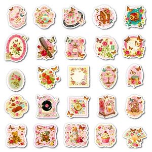 Set di 56 adesivi vintage rosa con fiori e farfalle per decorazione journaling