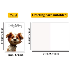 Detailed size guide of dog birthday card showing dimensions in cm and inches