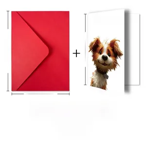 Detail view of cute 3D puppy birthday card and red envelope set with size dimensions