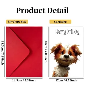 Birthday greeting card set with cute cartoon dog and red envelope for friends and family