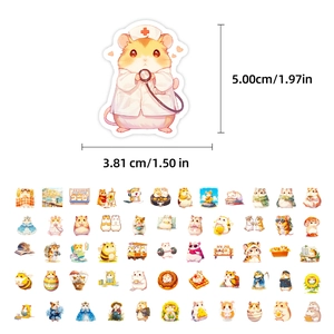 Detailed size view and collection of 50 colorful cartoon hamster stickers for suitcases