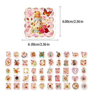 Vista dettagliata di 50 adesivi estetici rosa vintage con fiori e elementi retrò