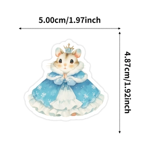 Detailed view of winter themed hamster sticker showing precise dimensions and ice crown design