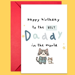 Détail de la carte d'anniversaire chat pour papa avec enveloppe rouge sur jaune