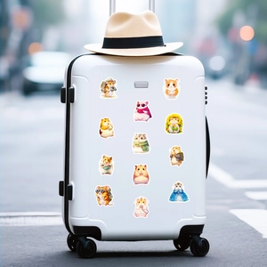 Cute hamster stickers applied on white suitcase in a realistic travel street setting