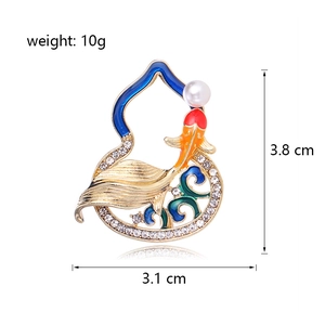 Elegant gold koi fish gourd brooch with colorful enamel and pearl for traditional outfits