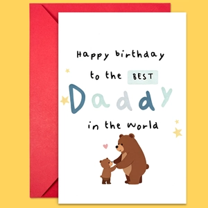 Détail de la carte d'anniversaire Papa avec oursons et une enveloppe rouge vive
