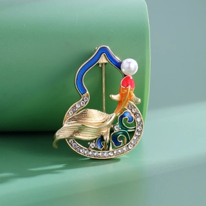 Vintage Chinese Style Gourd Brooch For Women Alloy Enamel Koi Fish Elegant Hanfu Accessory Rhinestone Pin Jewelry Gift