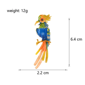 Colorful parrot bird brooch in enamel alloy showing 6.4cm height and 2.2cm width