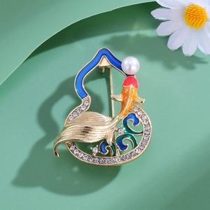 Elegant gold koi fish and gourd brooch with pearls and colorful enamel for classic style