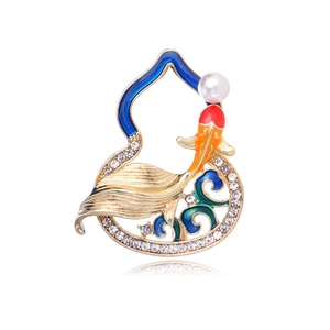 Artistic gourd brooch with koi fish enamel, white pearls and sparkling rhinestones