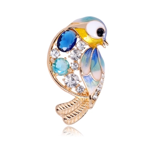 Broche Oiseau en Alliage Exquise Zirconia Bleu Strass Émail Animal Badge Bijoux pour Femmes Mode Costume Robe Accessoire Cadeau