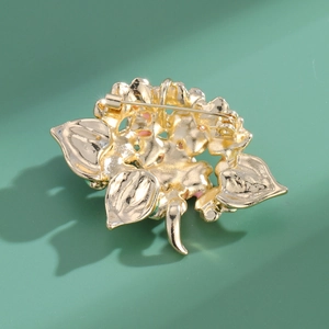 Golden hydrangea flower brooch with pink enamel petals and back safety pin clasp